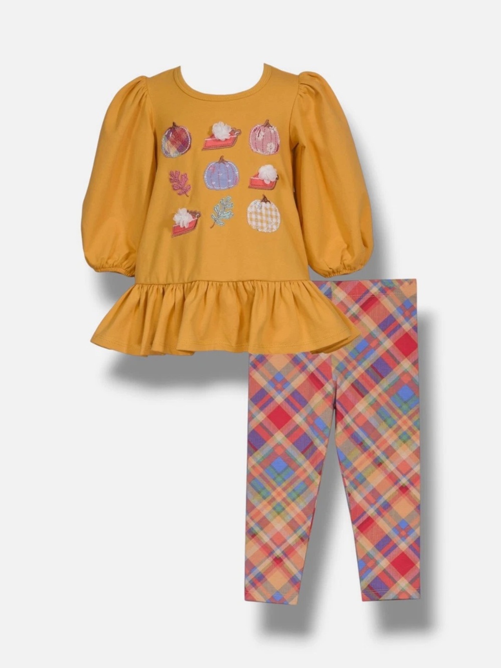 Bonnie Jean Mustard Pumpkin Ruffle Tunic & Plaid Leggings Set